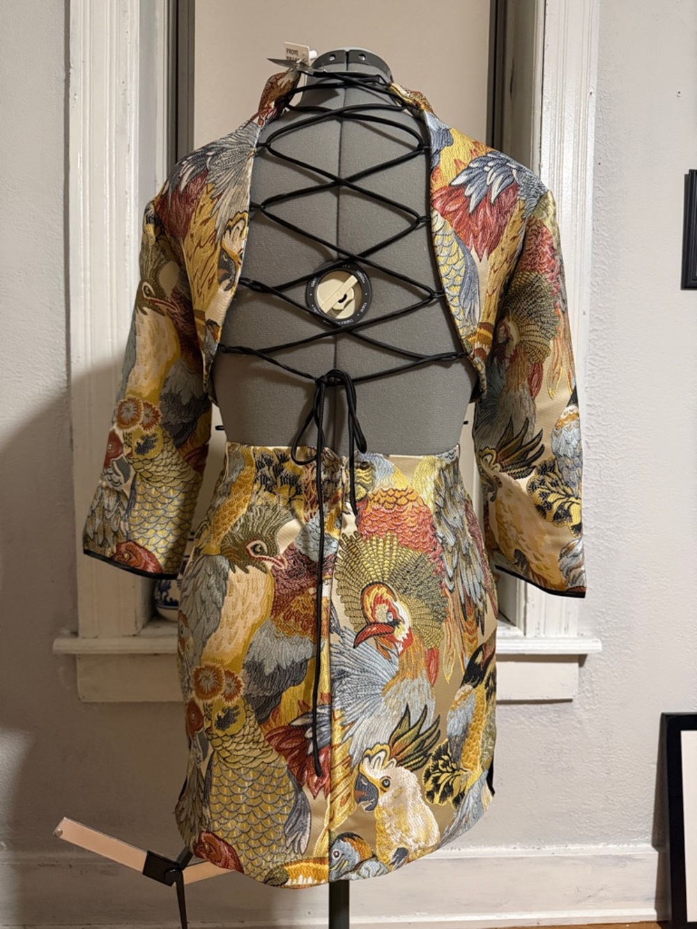 Open-Back Embroidered Rooster Print Mini Dress - Yellow Multicolor